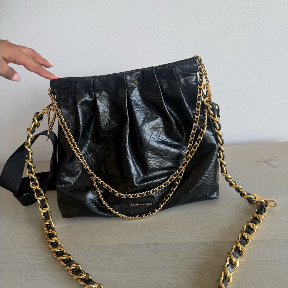 Charles & Keith Black Shoulder Bag with Gold Chain
